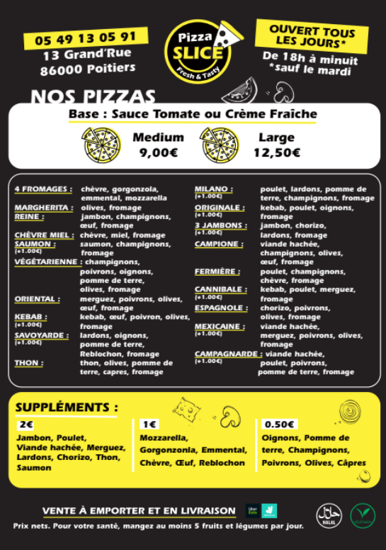 Menu Pizzas Pizza Slice Poitiers